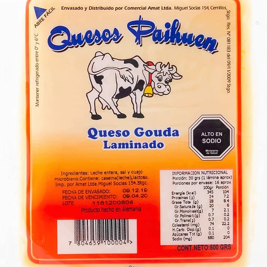 Queso Gauda  500 Gr Paihuen Laminado